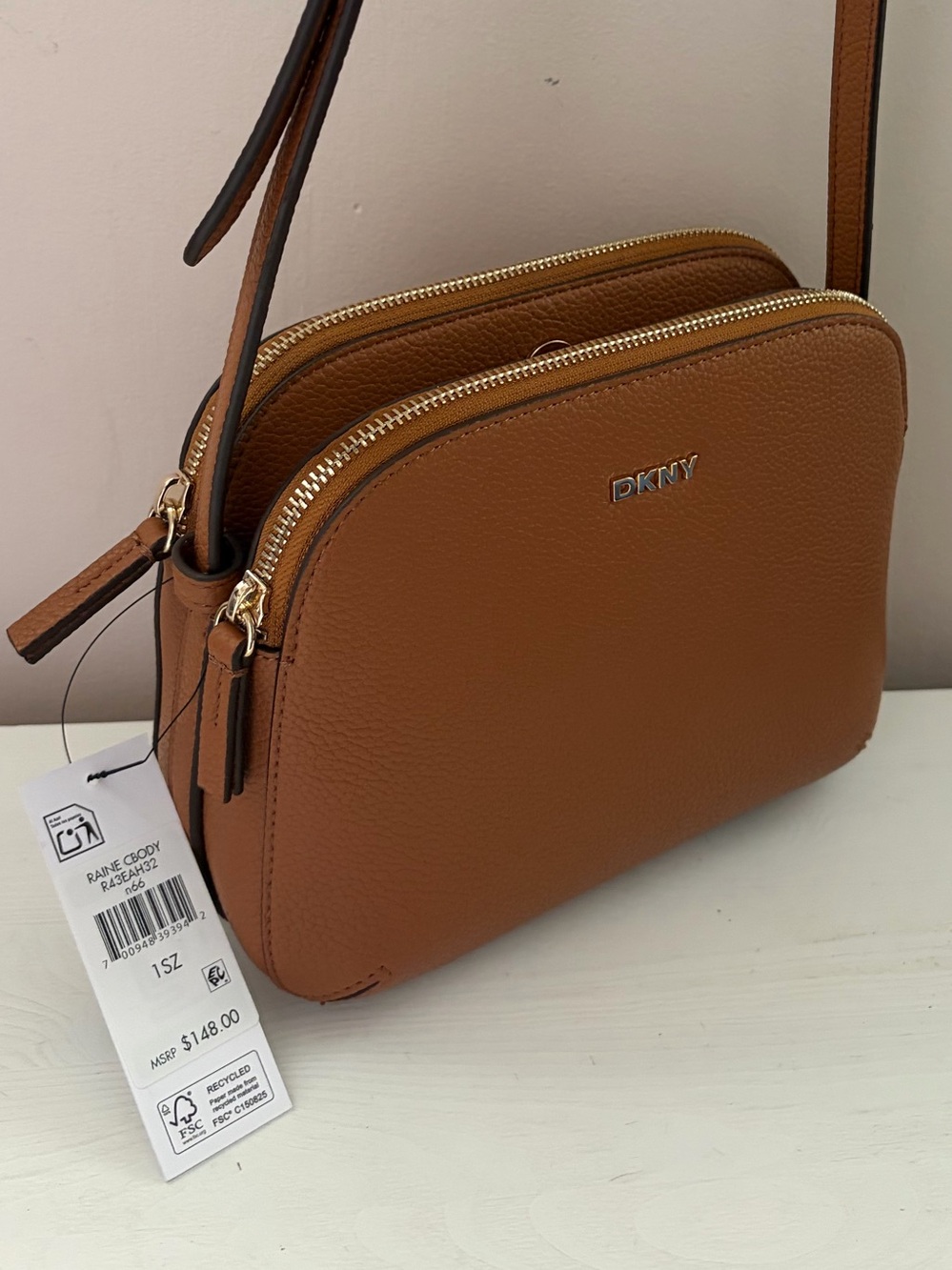 DKNY Cognac Brown Pebbled Leather Crossbody Bag